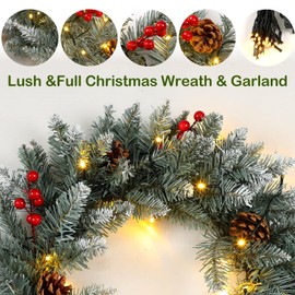 Yingzhao 6 Pcs Christmas Wreath Decoration Kit for Front Door Include 18FT 100 LED Lights Snow Flocked Christmas Garland 16'' Christmas Wreath with Mental Hanger 2 Red Xmas Bows