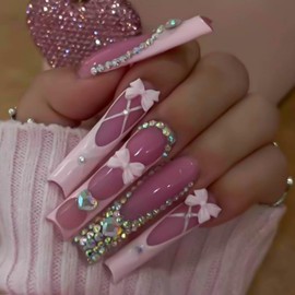 RUOKEXIN Long Press on Nails French Tip Fake Nails Pink False Nails with Rhinestones Designs Extra Long Nail Press ons Square Glue on Nails Sparkly Artificial Nails Cute Stick on Nails for Women 24Pcs