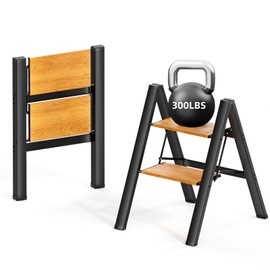 SOLADDER 2 Step Stool, Anti-Slip and Lightweight Foldable Step Ladder for Adults to Use in Kitchen,Closet and Library,300lbs(Black+Woodgrain)