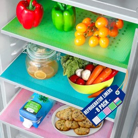 Refrigerator Liners for Shelves (8 Pack) by Linda’s Essentials - Non-Adhesive Shelf or Drawer Liner, BPA-Free Fridge Mats for Kitchen & Cabinets, Easy to Clean, Ideal Household Essentials(Multi Color)