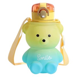 Kawaii Bear Water Bottle With Straw and Adjustable Strap,Bear Shaped Water Bottle,Large Cute Portable Drinks Cup Spill Proof and Leak Resistant Lid for Daily Use (Yellow)