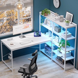 Pamray L Shaped Computer Desk with Reversible Side Storage Shelves, 49 Inch Gaming Desk with Power Outlets and Led Lights, PC Table for Home Office and Bedroom White