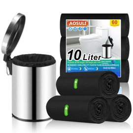 AOSULI Small Bin Liners 10 L Bin Bags Pack of 60 Black Waste Bags for Office, Bathroom, Toilet