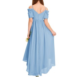 Haloumoning Girls Cold Shoulder Dress A-line Asymmetrical Chiffon Junior Bridesmaid Birthday Party Dress Blue