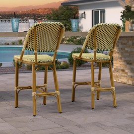 PURPLE LEAF French Country Outdoor Counter Height Bar Stools Set of 2 Patio Wicker 26 Inch High Bar Stool Chairs Metal Rattan Barstools with Ergonomic Backs for Balcony Garden Indoor Kitchen, Yellow