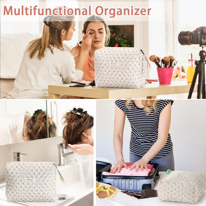 Sightor Cotton Makeup Bag, Kawaii Floral Cosmetic Bag Large Travel