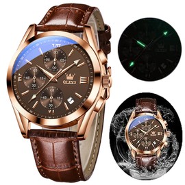 OLEVS Men's Chronograph Quartz Watches, Luminous Watches for Men, Fashion, Leisure, 2872-leather strap coffee colour dial, Fashion, leisure, sports