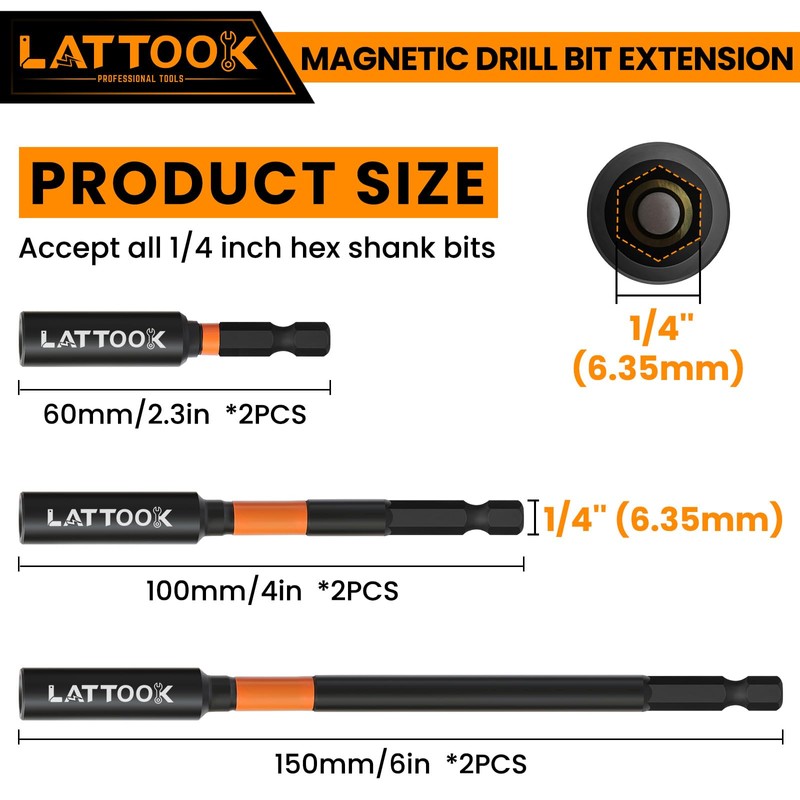 Drill Bit Extension Set, LATTOOK 6PCS Magnetic Drill Extension Bit