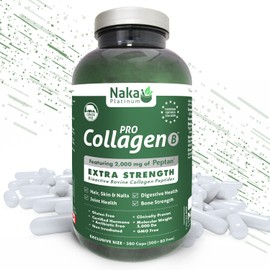 380 caps Naka Platinum Hydrolyzed Bovine Collagen Peptides Protein featuring 2,000 mg of Peptan, Better Absorption, Grass Fed, Extra Strength. For Skin, Nails, Bones and Joints, Non GMO, Unflavoured