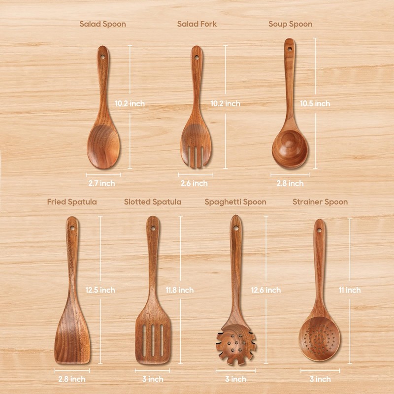 MULBOM 7 PCS Wooden Spoons for Cooking Natural Teak Kitchen