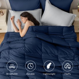 JOLLYVOGUE Queen Comforter Set, Ultra-Soft Queen Size Comforter Sets, 7-Piece Bed in a Bag, Goose Down Alternative, Oeko-TEX Certified, Sheets & Pillowcases, Navy Blue & Light Grey