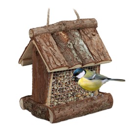 Relaxdays Bird Feeder, Feeding Station, Hang or Place on Surface, H x W x D: 17 x 15 x 12 cm, Wood, Natural
