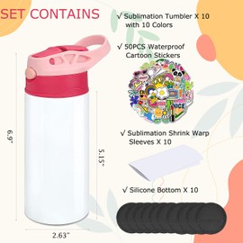 Gekestory Kids Sublimation Tumblers, Sublimation Water Bottle Blanks, 6PACK 12oz Straight Double Wall Kids Sippy Cups, Blank Cups for Heat Transfer, with DIY Stickers Shrink Wrap Rubber Base (6)
