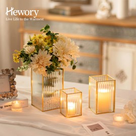 Hewory Gold Hurricane Candle Holder: 3PCS Ribbed Hurricane Glass Candle Holders for Pillar Candles, Square Pillar Candle Holders for Table Centerpiece Wedding Christmas, Home Decor for Kitchen Patio