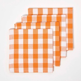 HOMESCAPES Set of 4 Orange Gingham Napkins Block Check Pattern 100% Cotton Napkins 45 x 45 cm (18” x 18”) with Orange and White Checkered Design