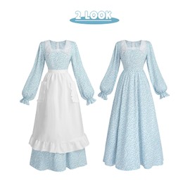 NSPSTT Prairie Dress Women Pioneer Colonial Costume Blue Floral Dresses 3pcs Set