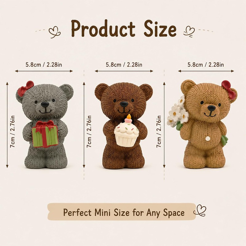 MeritMode Teddy Bear Ornaments Set, 2.8”H Resin Figures, Cute Home
