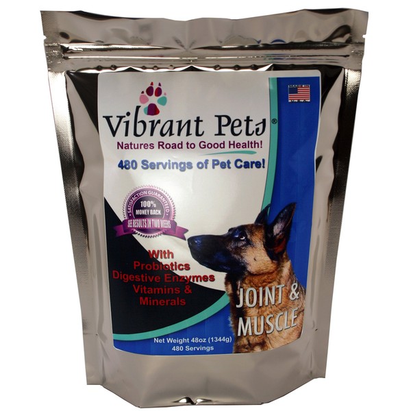 Vibrant Pets Joint and Muscle Diet Supplements | Natural Nutrition for Joint Health and Care | Perfect Mixture of Probiotics, Enzymes & Glucosamine for Dogs 48oz