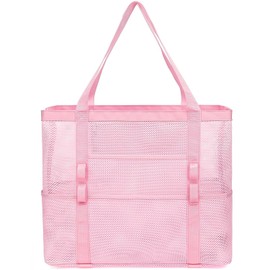 MZinge Mesh Beach Bag with 9 Pockets - Large Lightweight Waterproof Tote for Family,Toys &Vacation Essentials (pink)