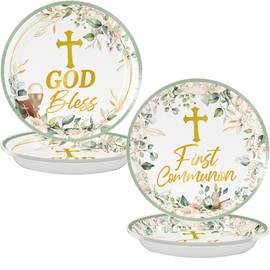 First Communion Party Plates Baptism Party Decorations Supplies God Bless Dinnerware Eucalyptus Leaf Disposable Paper Plate Fork for First Communion Christening Religious Baby Shower