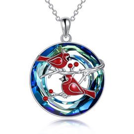 POPLYKE Sterling Silver Red Cardinal Pendant Cardinal Necklace for Women Blue Crystal Jewelry for Mom (silver-two cardinal crystal necklace)