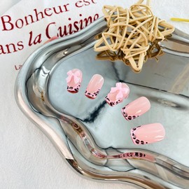 LWTZLW French Tip Press on Nails Short Square False Nails 3D Bow Charms Full Cover Glue ons Nails Coffin Acrylic Fake Nail Leopard French Tip Glossy Artificial Nail Reusable for Women