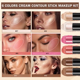 LZXLUKGIR 6 Colors Cream Contour Stick Makeup Kit,Double-ended Cream Bronzer,Highlighter,Blush Stick,Lightweight Contour Makeup Kit for Sculpt the Cheeks,Waterproof Contorno Maquillaje - Set C