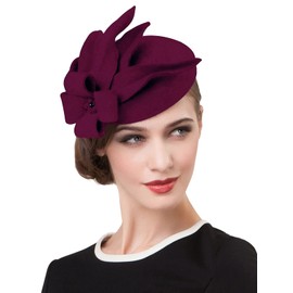 ELLYDOOR Wool Felt Fascinator Pillbox Hat Winter Church Derby Hat for Women Wedding Tea Party Burgundy