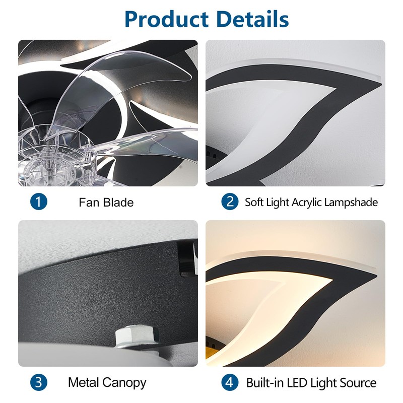 Dalouguan 32" Black Modern Ceiling Fan with Lights Remote Control,