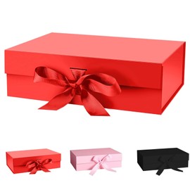 Gift Box with Lid, Square Gift Box with Foldable with Bow, Magnetic Gift Packaging for Wedding, Birthday, Valentine's Day, Anniversary (Pink, Black, Red) (Red, 22 x 16.5 x 8.5)