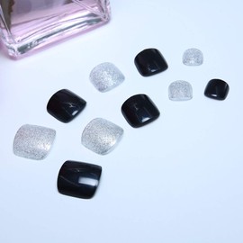 Yienate False Nail for Toes, Chic Exquisite Bride Black Bling Silver Fake Nail for Toes, Full Coverage, Nail Tips, Toenails, Pack of 24