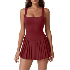 QINSEN Women's Pleated Active Dress Square Neck Sleeveless Tennis Dress Built-in Shorts Wine S