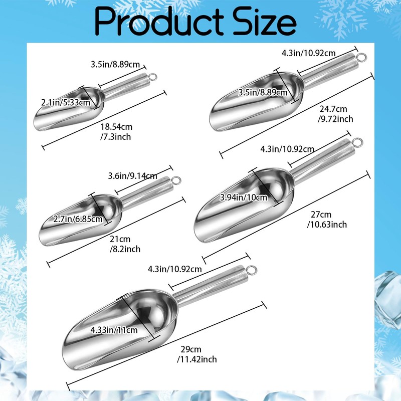 CONEHOY 5 Pcs 3/6/9/12/16 Ounce Stainless Steel Ice Scoop with