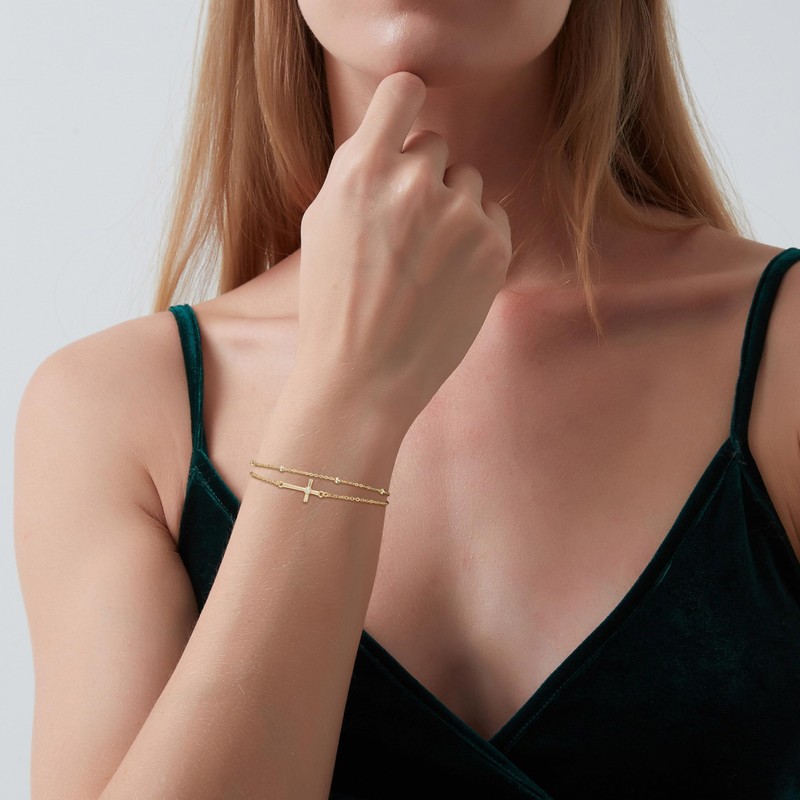 GAVU Double Chains 14K Gold Plated Cross Bracelet for Women,