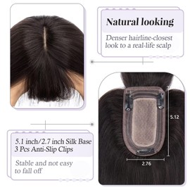 TESS Hair Topper Real Hair Black, 7 x 13 cm Base Toupee Women's #1B Natural Black with Fringe Hair Topper Real Hair 33 g 25 cm Hair Topper Clip in Hairpiece Extensions