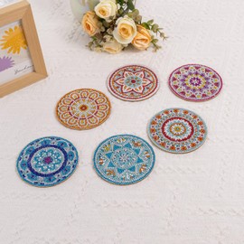 Mandala Drink Coasters with Holder,Set of 6 Funny Coasters with Diamond Art Painting,Natural Wooden Coaster for Tabletop Protection,Alcohol Gifts,Home Apartment Office Bar Decor