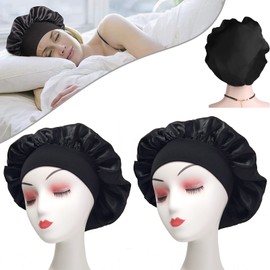 MUFEKUM Satin Sleep Cap, Satin Bonnet Silk Sleeping Cap, Breathable Sleeping Cap, Night Cap, Bonnet, Large Silk Hood for Sleeping, Soft Satin Hood for Women and Girls (2 Black)