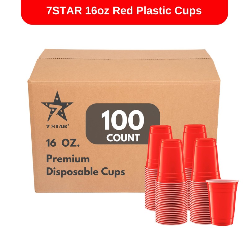7STAR 100-Pack Disposable 16oz Red Plastic Cups – Heavy-Duty for