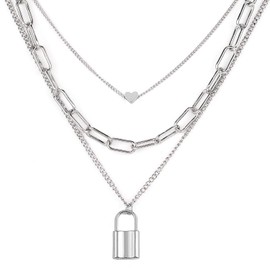 Gleamart Silver Chain Layered Necklace Lock Three Layer Necklace for Women