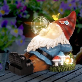 ZQQLITE Garden Gnome Statues Figurine Lights - Solar Powered Lighting Outdoor Decorations, Gnome Build Mushroom House, Yard Art Lawn Ornaments for Porch Patio Balcony - Gnome Gifts for Women Mom
