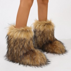 2026 NEW KJ 2025 Factory Wholesale Winter Fluffy Faux Fur Raccoon Women's Flat Heel Middle Sleeve Fury Boots Fur BootsColor: Raccoon fur ginger yellow, Size: 38