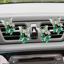 Car Air Fresheners Vent Clip, Dual Butterfly Rhinestone Air Conditioning Outlet Clip, Cute Car Diffuser Perfume Clip, Sparkly Bling Car Interior Decor Accessories for Women (Green, 4PCS)