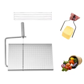1+1 Cheese Slicer with Extra Cheese Cutter, Wire Cheese Cutter with 5 Replacement Wires, Cheese Slicers for Block Cheese, Butter Slicer with Grid Scale Lines, Metal Cheese Cutter and Cutting Board