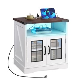 WLIVE Farmhouse End Table, Living Room Side Table with Charging Station, LED Farmhouse Nightstand with Adjustable Storage Shelf for Living Room, Bedroom, Office, Rustic Side Tables, Espresso