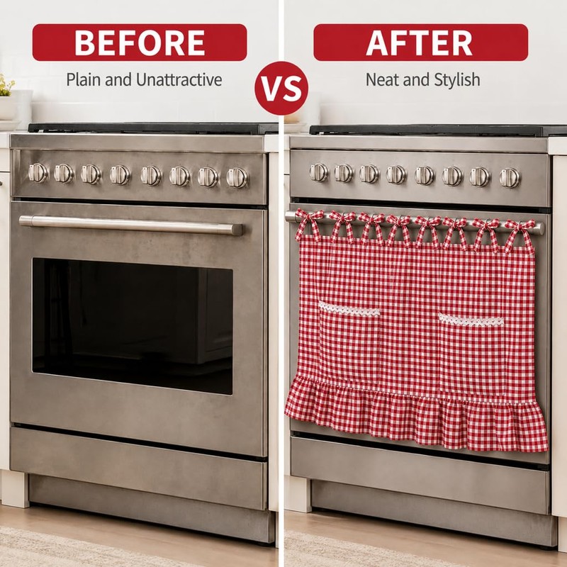 Oven Skirt Curtain, 30”x22”, Red White Check Oven Curtain for