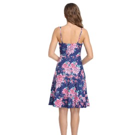 VintageClothing Women's Floral V Neck Sundresses Short Spaghetti Strap Swing Summer Mini Beach Dress, L Navy