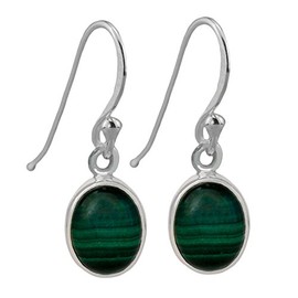 I Be Malachite Gemstone 8 x 10 mm Earrings Oval 925 Silver, Length 3.7 cm in Gift Box 393612 K S