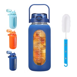 SIEROZUR 64oz Glass Water Bottle with Straw and Handle Lid Half Gallon Motivational Glass Bottle with Silicone Sleeve and Time Marker Large Reusable Sports Water Jug for Gym Home Workout