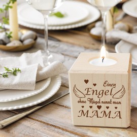 GRAVURZEILE Wooden Tea Light Holder with UV Print for Mum - An Angel without Wings - Personal Gift for Mum for Birthday or Mother's Day - Cube: 8 x 8 cm
