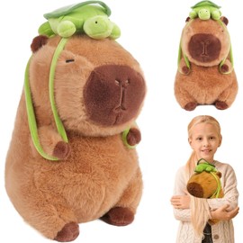 COLEESON Capybara Plush Toy, 23 cm Cute Capybara Cuddly Toy with Turtle Backpack, Simulation Animal Capybara Dolls, Water Pig Cuddly Toy, Cute Capybara Cuddly Toy for Children (A)